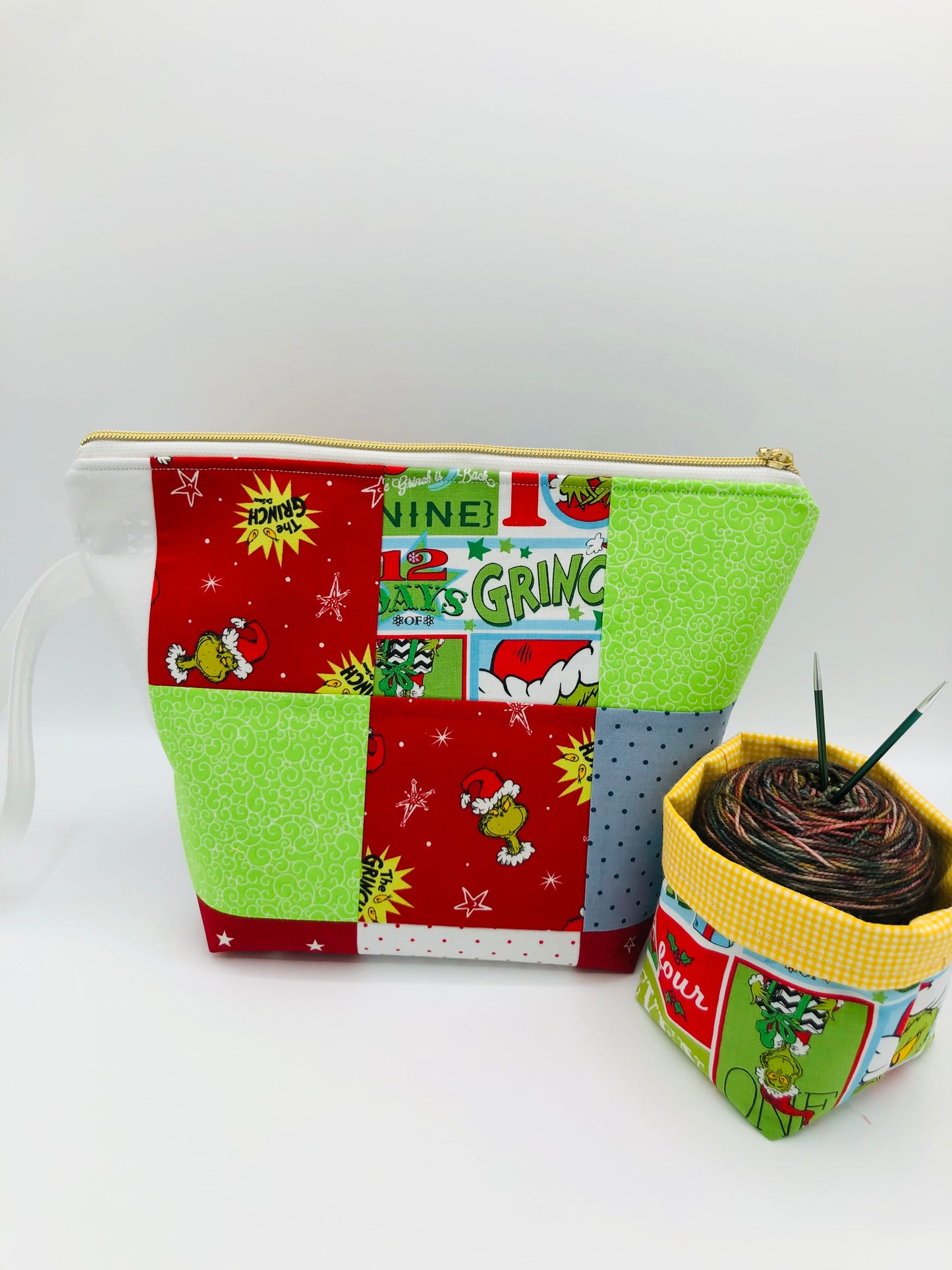 Patchwork Grinchmas Knitting and Crochet Zipper Style Project Bag + Yarn Cozy | XL Sock Size