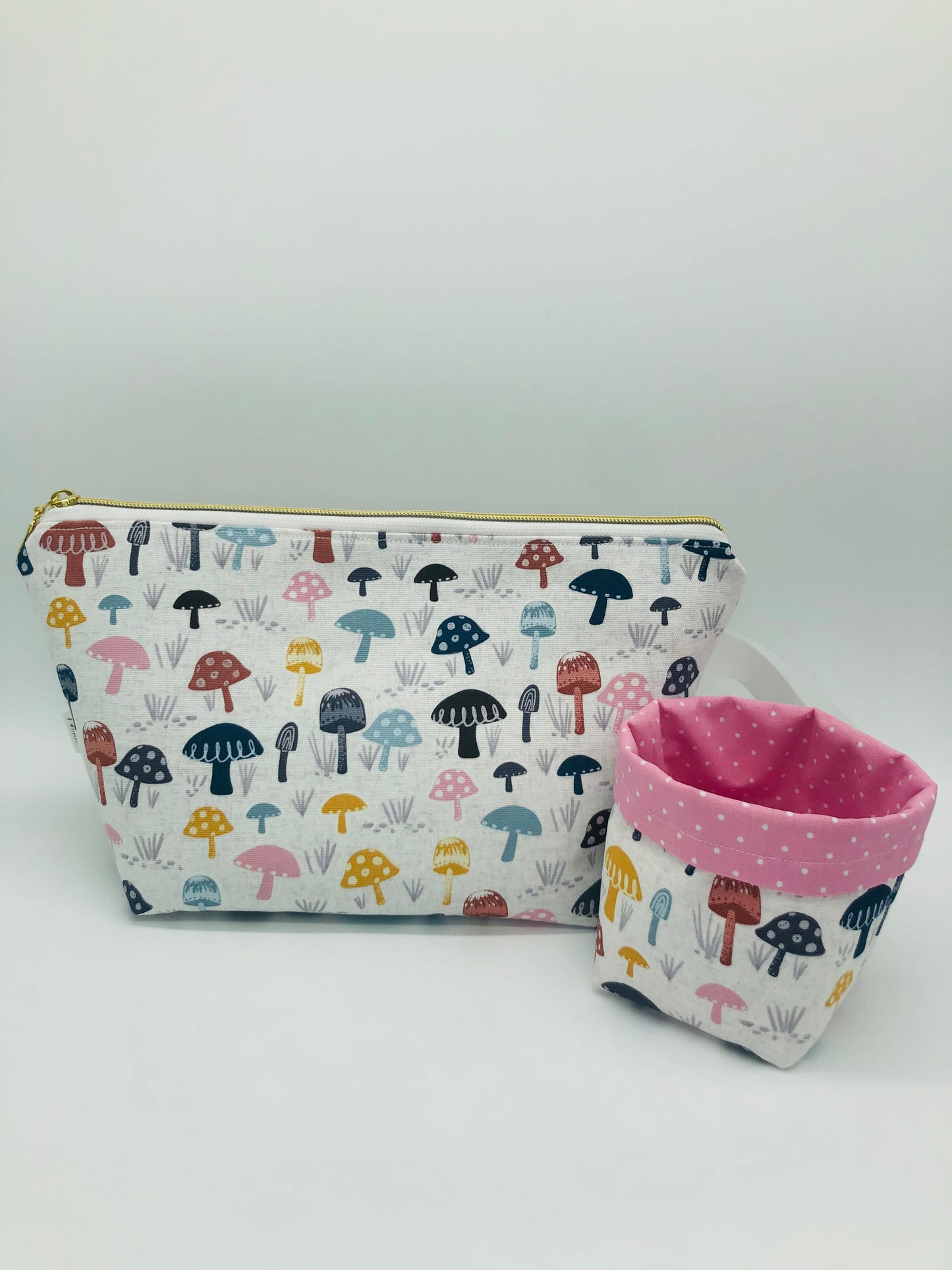 Pastel and Polka Dots Mushrooms Knitting Crochet Zipper Style Project Bag + 100g Yarn Cozy| Shortie Sock Size