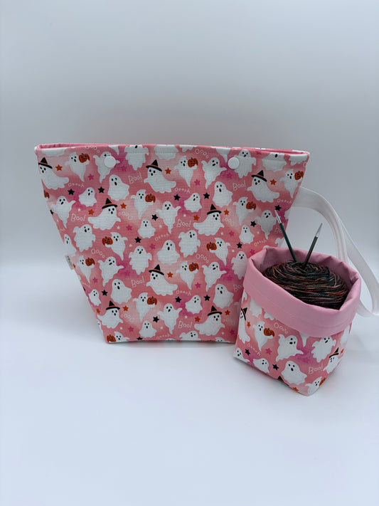 Cutie Ghosts Spooky Knitting Crochet Snap Style Project Bag + Yarn Cozy |  Sock Size
