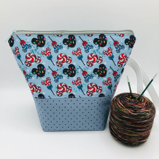 Candy Cane Mouse Friends (Blue base) Christmas Holiday Knitting Crochet Zipper Style Project Bag | Sock Size