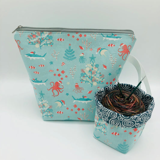 Christmas Sharks Holiday Knitting Crochet Zipper Style Project Bag + Yarn Cozy |  Sock Size