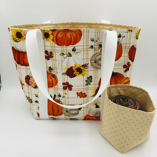 Neutral Pumpkins Tote Style Knitting and Crochet Project Bag + Yarn Cozy |  Sweater Size