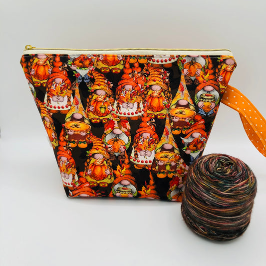 Thanksgiving Gnomes Knitting and Crochet Zipper Style Project Bag | XL Sock Size