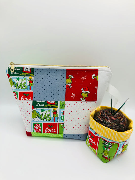 Patchwork Grinchmas Knitting and Crochet Zipper Style Project Bag + Yarn Cozy | XL Sock Size