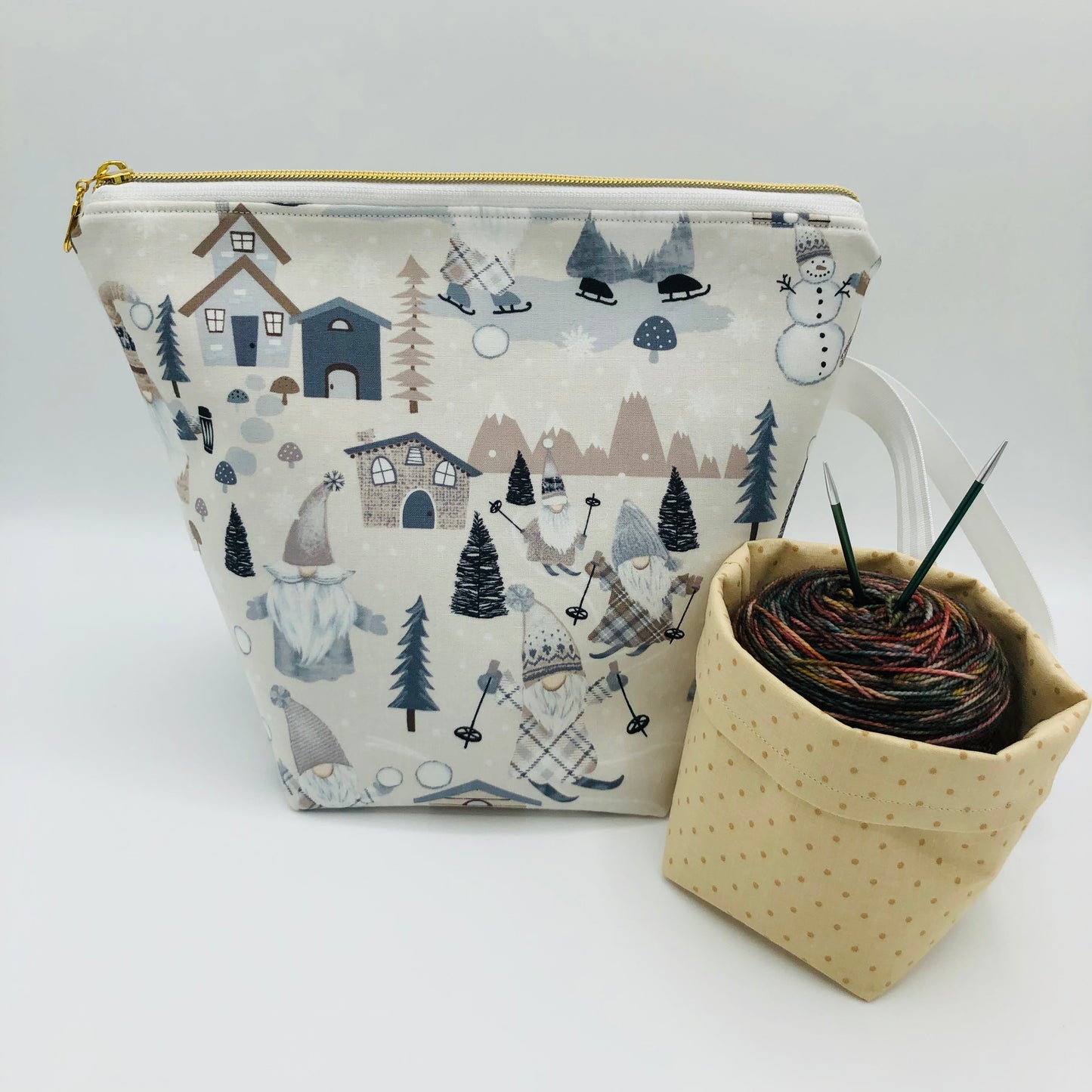 Skating Knitty Gnomes Holiday Knitting Crochet Zipper Style Project Bag + Yarn Cozy |  Sock Size