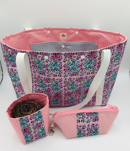 Tiny Boba Friends XXL Tote Style Knitting and Crochet Project Bag + Yarn Cozy + Pouch |  XXL Size