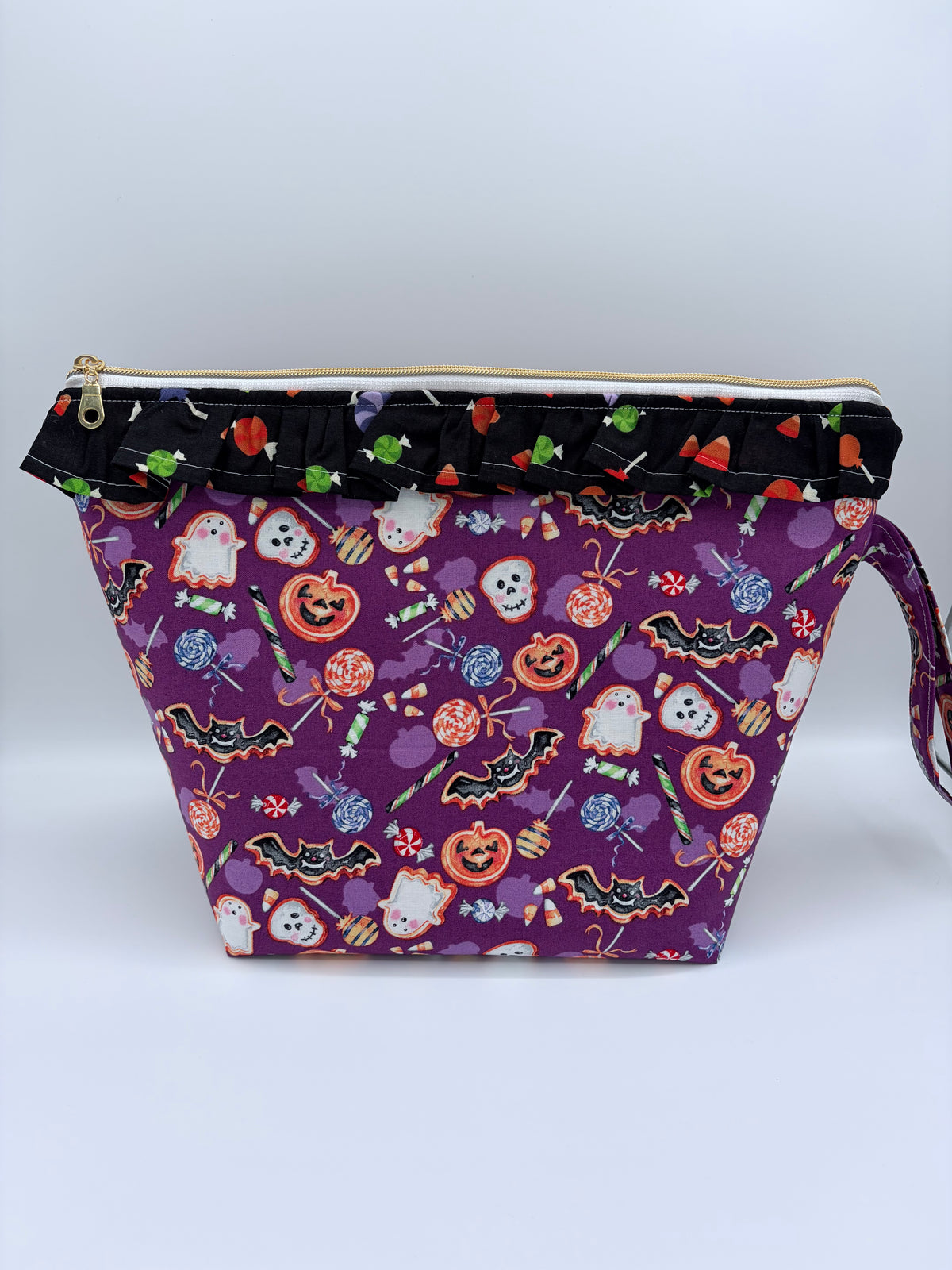 Trick or Treat Cookies (with ruffle) Spooky Zipper Style Knitting and Crochet Project Bag |  Sweater Size