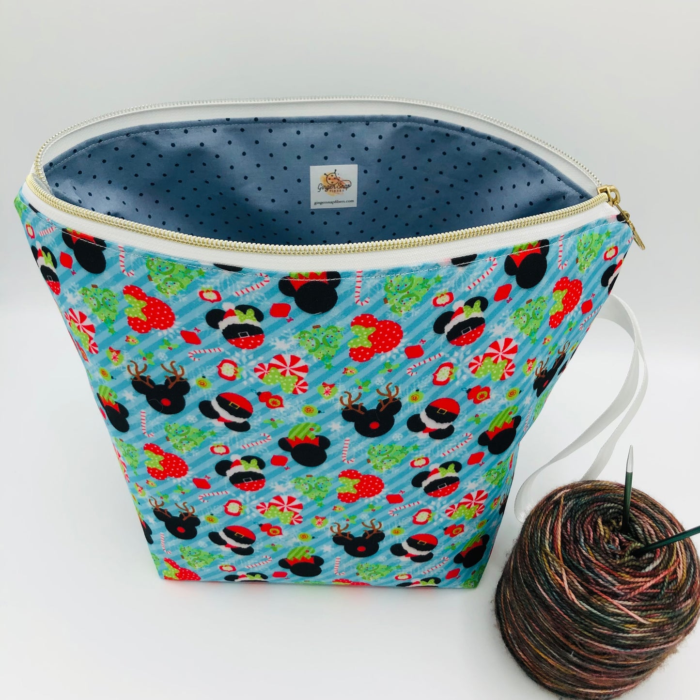 Peppermint Mouse Friends Holiday Knitting and Crochet Zipper Style Project Bag | XL Sock Size