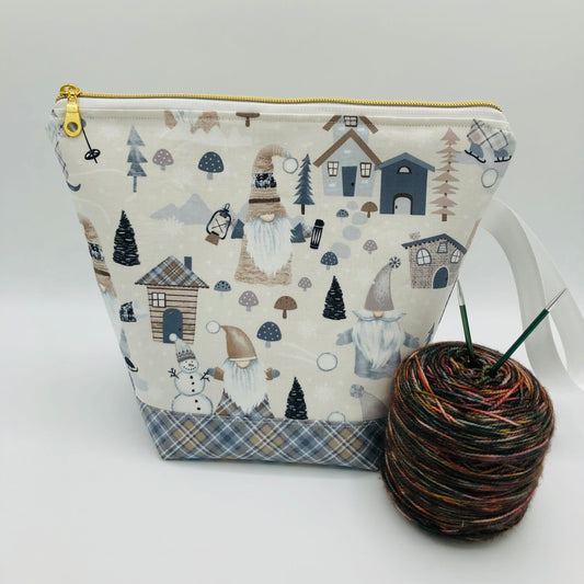 Skating Knitty Gnomes (checkered base) Holiday Knitting Crochet Zipper Style Project Bag |  Sock Size