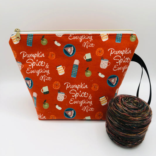 Pumpkin Spice and Everything Nice Knitting and Crochet Zipper Style Project Bag | XL Sock Size
