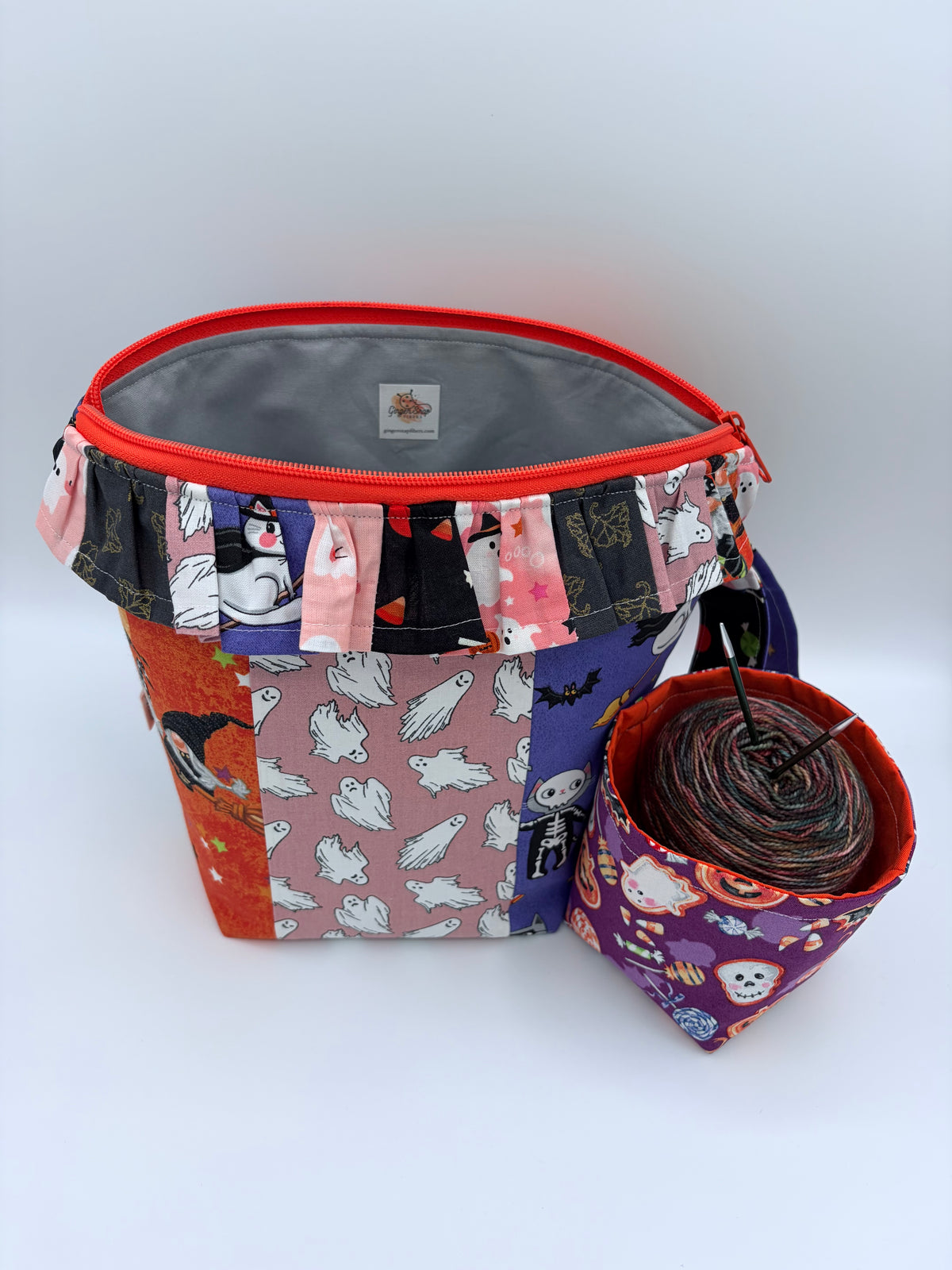 Patchwork Spookies (with ruffles) Spooky Knitting Crochet Zipper Style Project Bag + Yarn Cozy |  Sock Size