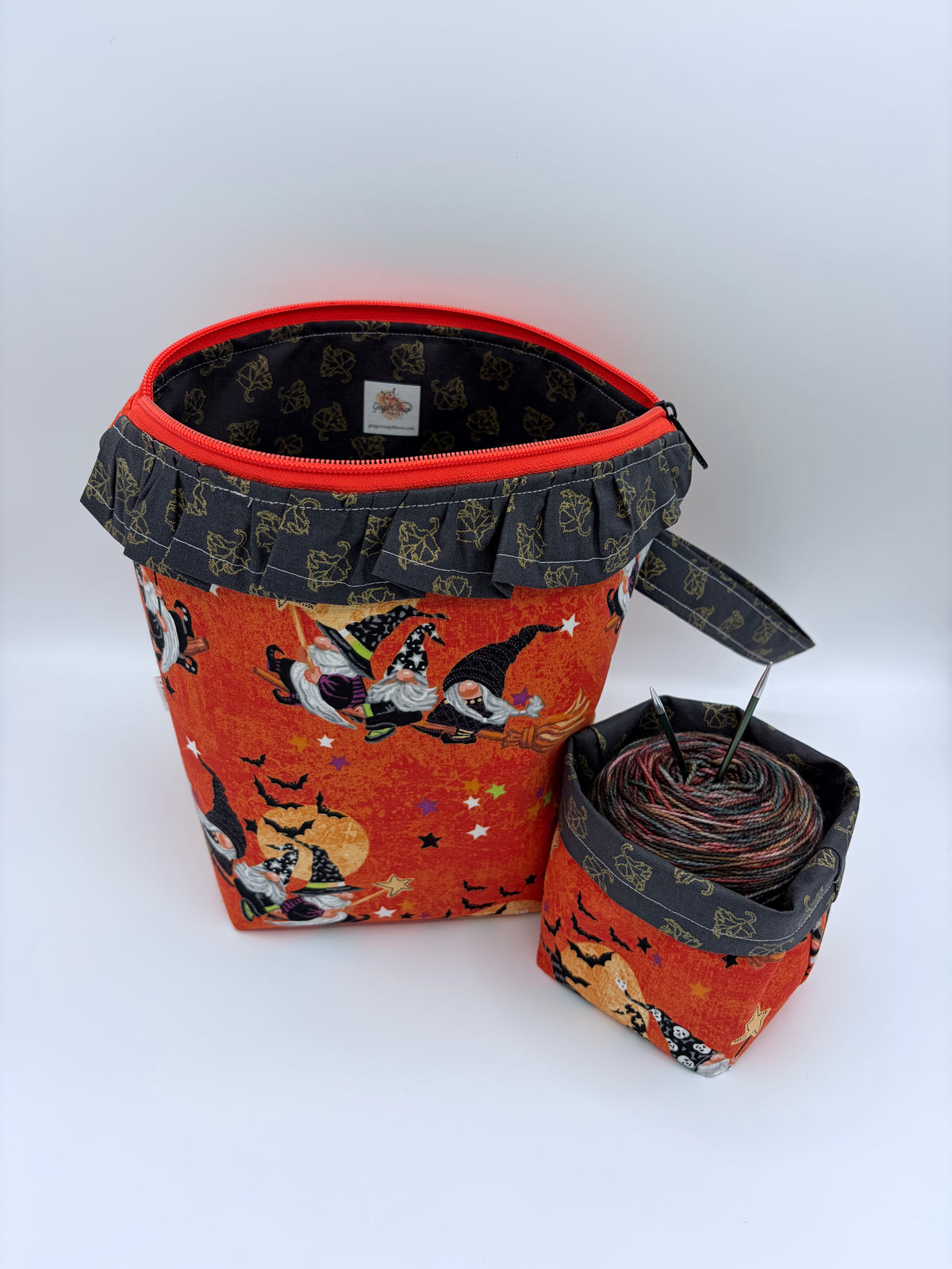 Witchy Gnomes (with ruffles) Spooky Knitting Crochet Zipper Style Project Bag + Yarn Cozy |  Sock Size