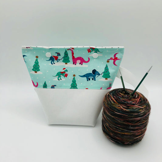 Christmas Dinos (white base) Holiday Itty Bitty Crochet Knitting Project Bag | XS