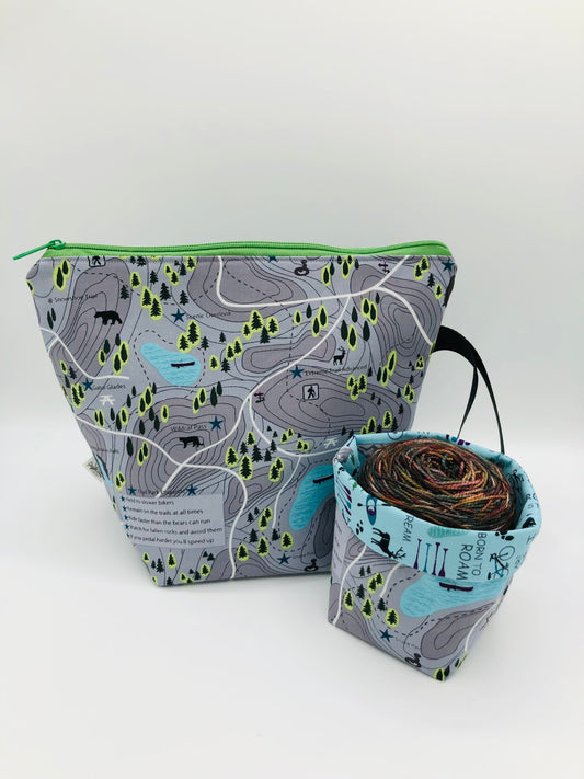 Bike Path Knitting Crochet Zipper Style Project Bag + Yarn Cozy |  Sock Size