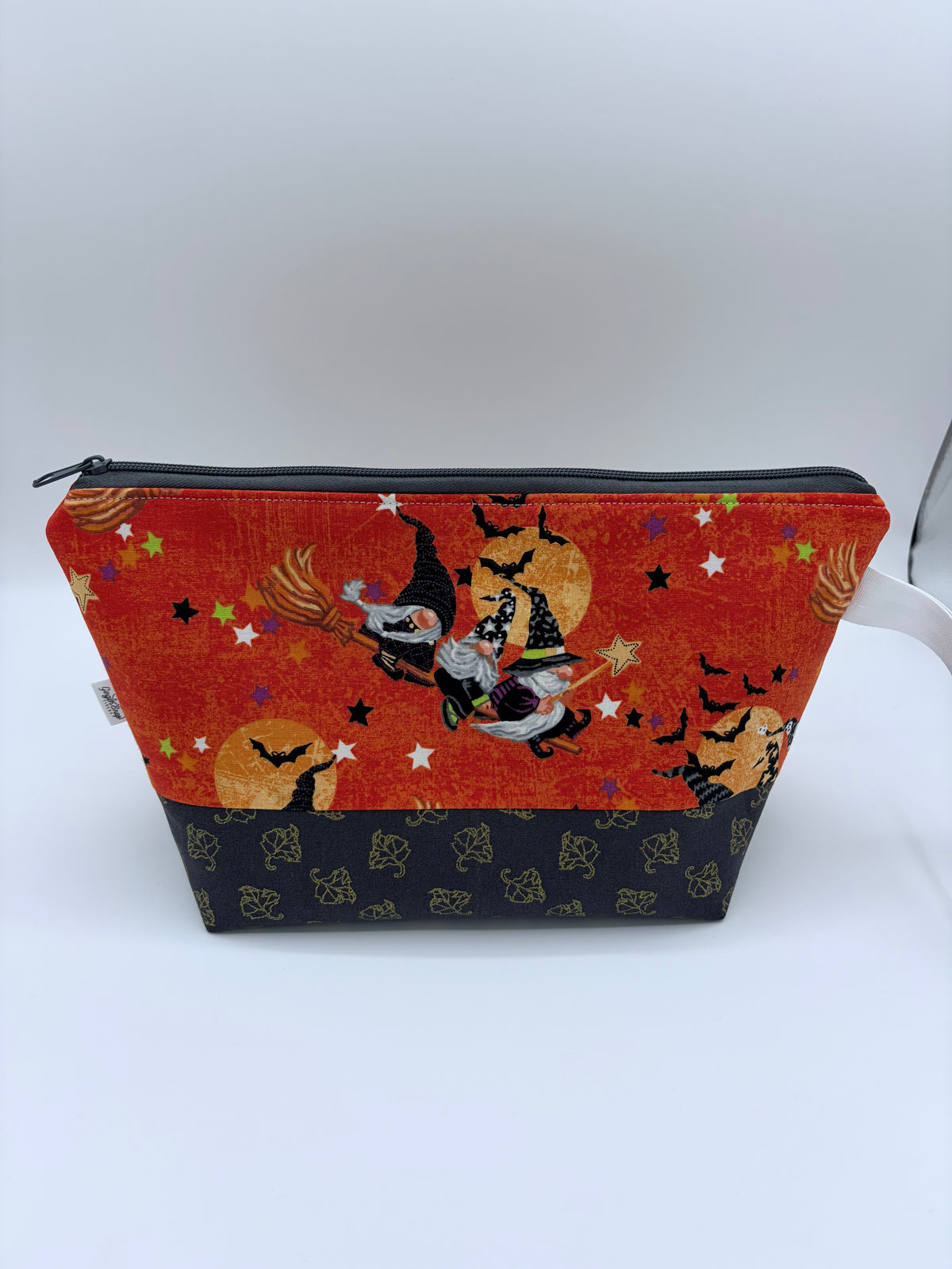 Witchy Gnomes (contrast base) Spooky Knitting Crochet Zipper Style Project Bag | Shortie Sock Size