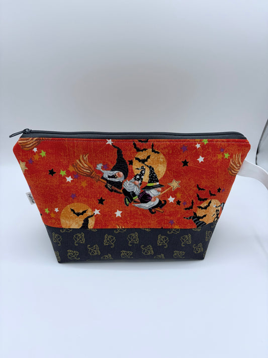Witchy Gnomes (contrast base) Spooky Knitting Crochet Zipper Style Project Bag | Shortie Sock Size