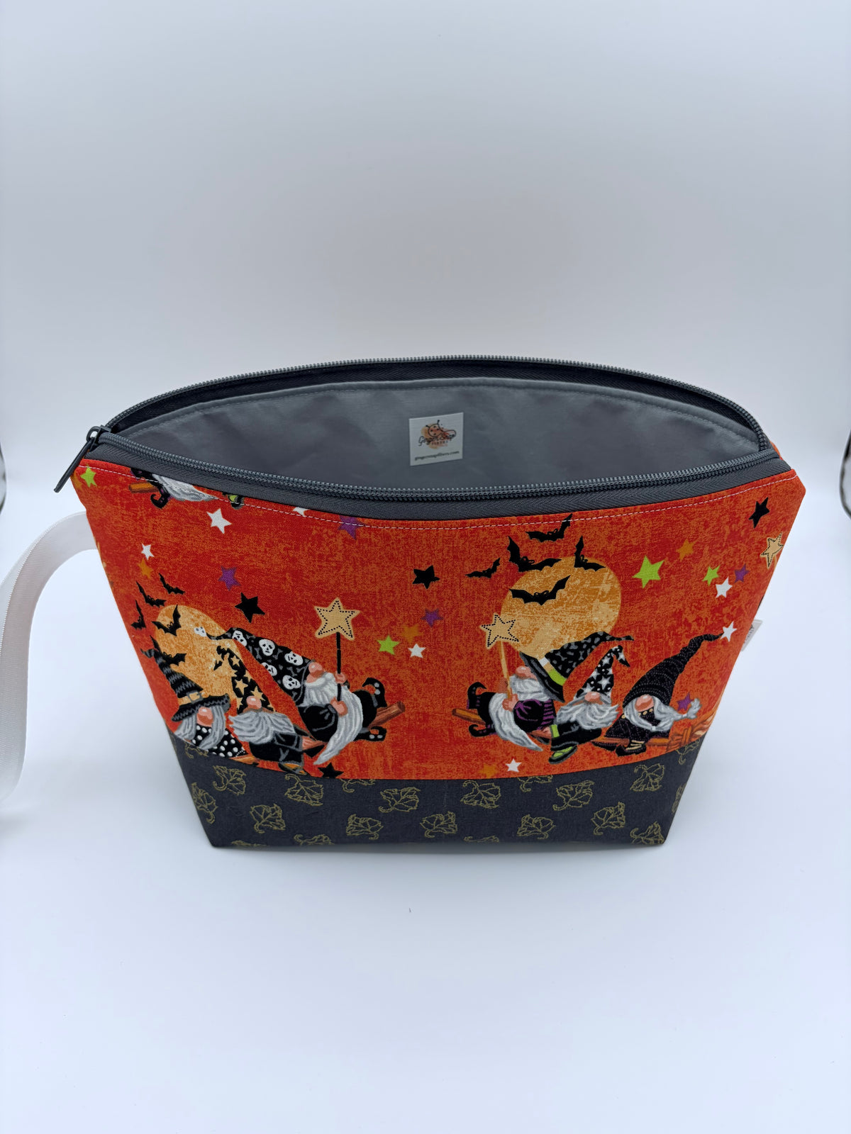 Witchy Gnomes (contrast base) Spooky Knitting Crochet Zipper Style Project Bag | Shortie Sock Size