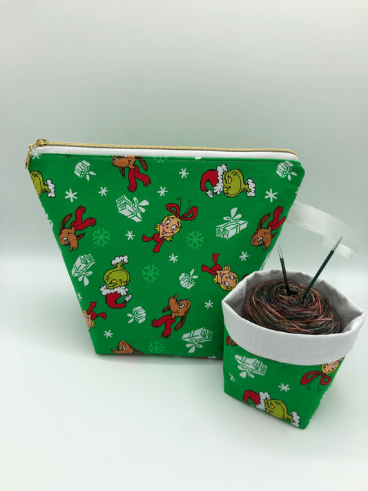 “Mean One” (green) Knitting Crochet Zipper Style Project Bag + Yarn Cozy |  Sock Size