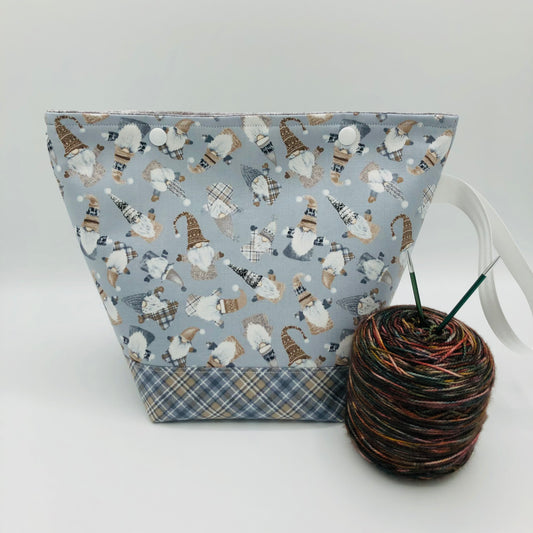 Knitty Gnomes (checkered base) Holiday Knitting Crochet Snap Style Project Bag | Sock Size