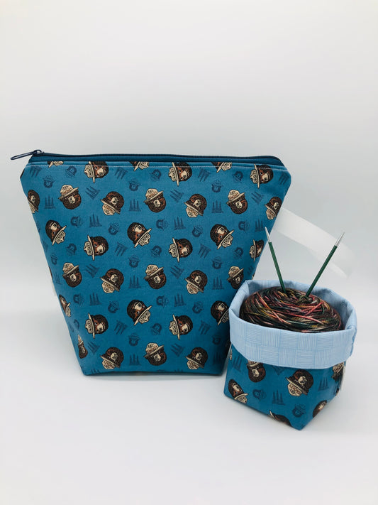 Blue Smokey Faces Knitting Crochet Zipper Style Project Bag + Yarn Cozy |  Sock Size