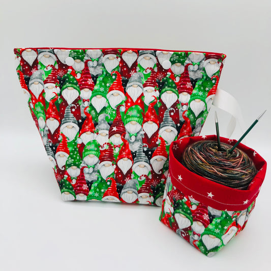 Christmas Gnome Crowd Holiday Knitting Crochet Snap Style Project Bag + Yarn Cozy | Sock Size