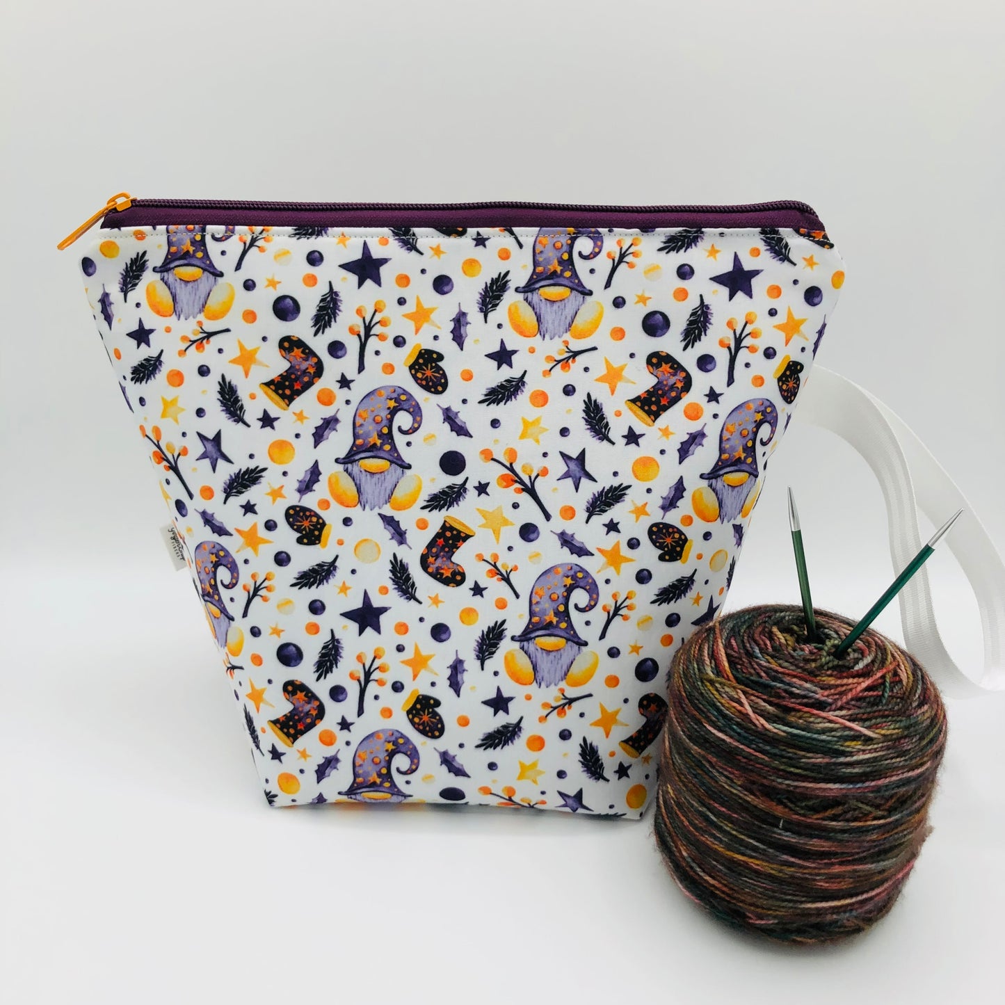 Purple Stocking Gnomes Holiday Knitting Crochet Zipper Style Project Bag | Sock Size