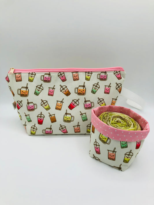 Boba Tea Friends Knitting Crochet Zipper Style Project Bag + 100g Yarn Cozy | Shortie Sock Size