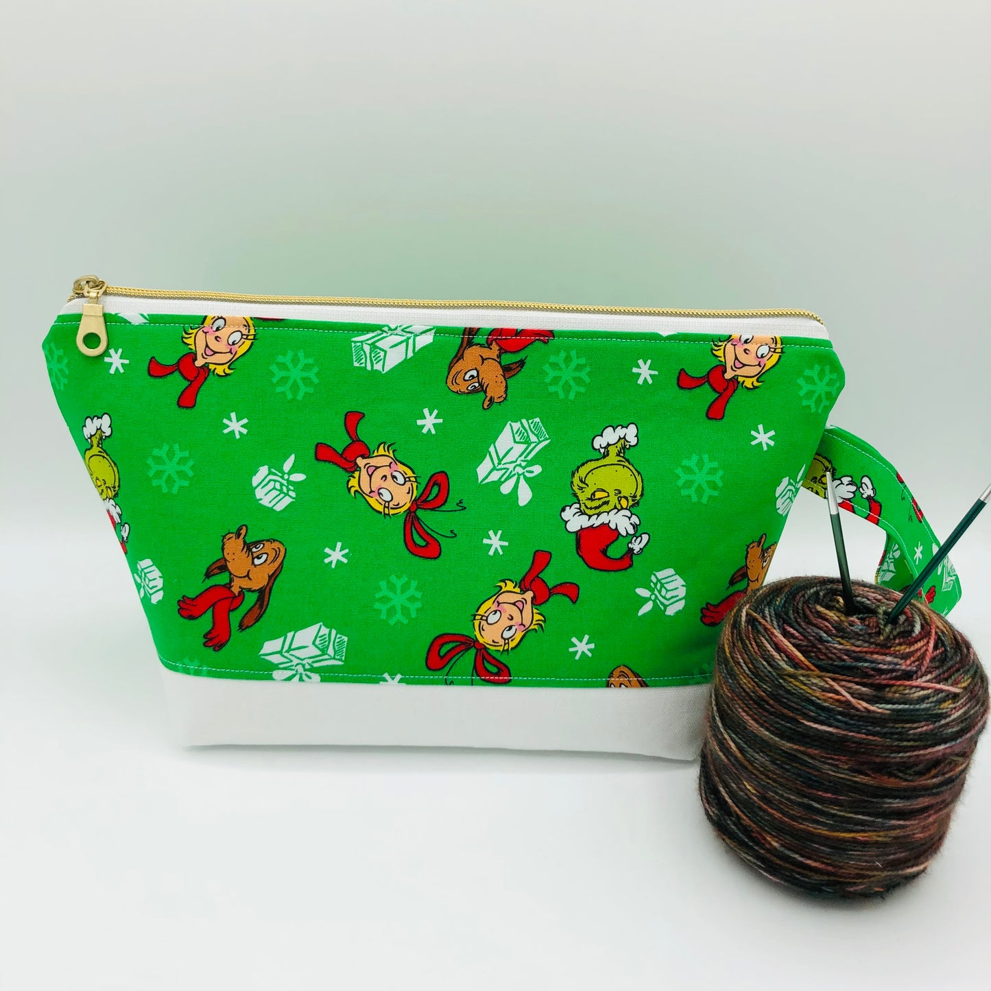 “Mean One” (green with white base) Holiday Knitting Crochet Zipper Style Project Bag | Shortie Sock Size
