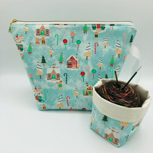 Glitter Christmas Village Holiday Knitting and Crochet Zipper Style Project Bag + Yarn Cozy | XL Sock Size