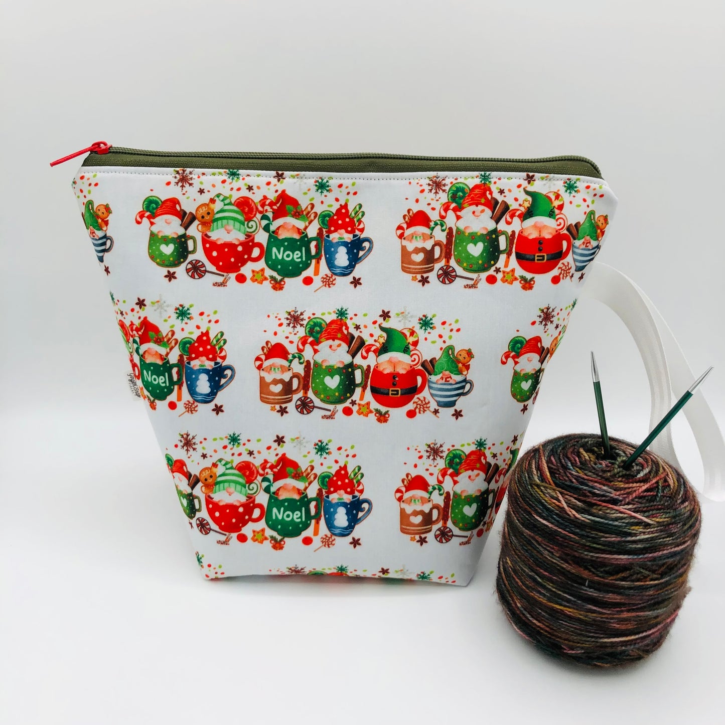 Coffee Cup Gnomes Holiday Knitting Crochet Zipper Style Project Bag | Sock Size