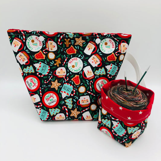 Cookies for Santa Holiday Knitting Crochet Snap Style Project Bag + Yarn Cozy | Sock Size