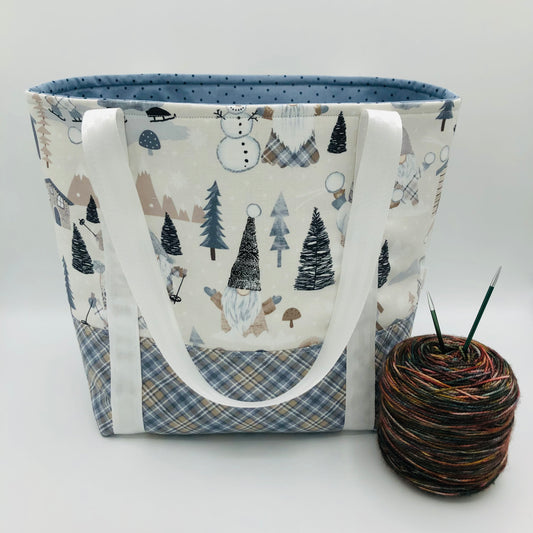 Skating Knitty Gnomes Holiday Tote Style Knitting and Crochet Project Bag |  Sweater Size