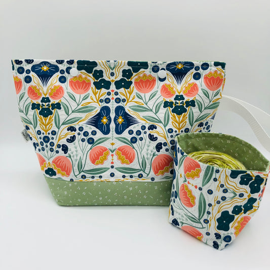 Coral Floral Knitting and Crochet Snap Style Project Bag + Yarn Cozy | XL Sock Size