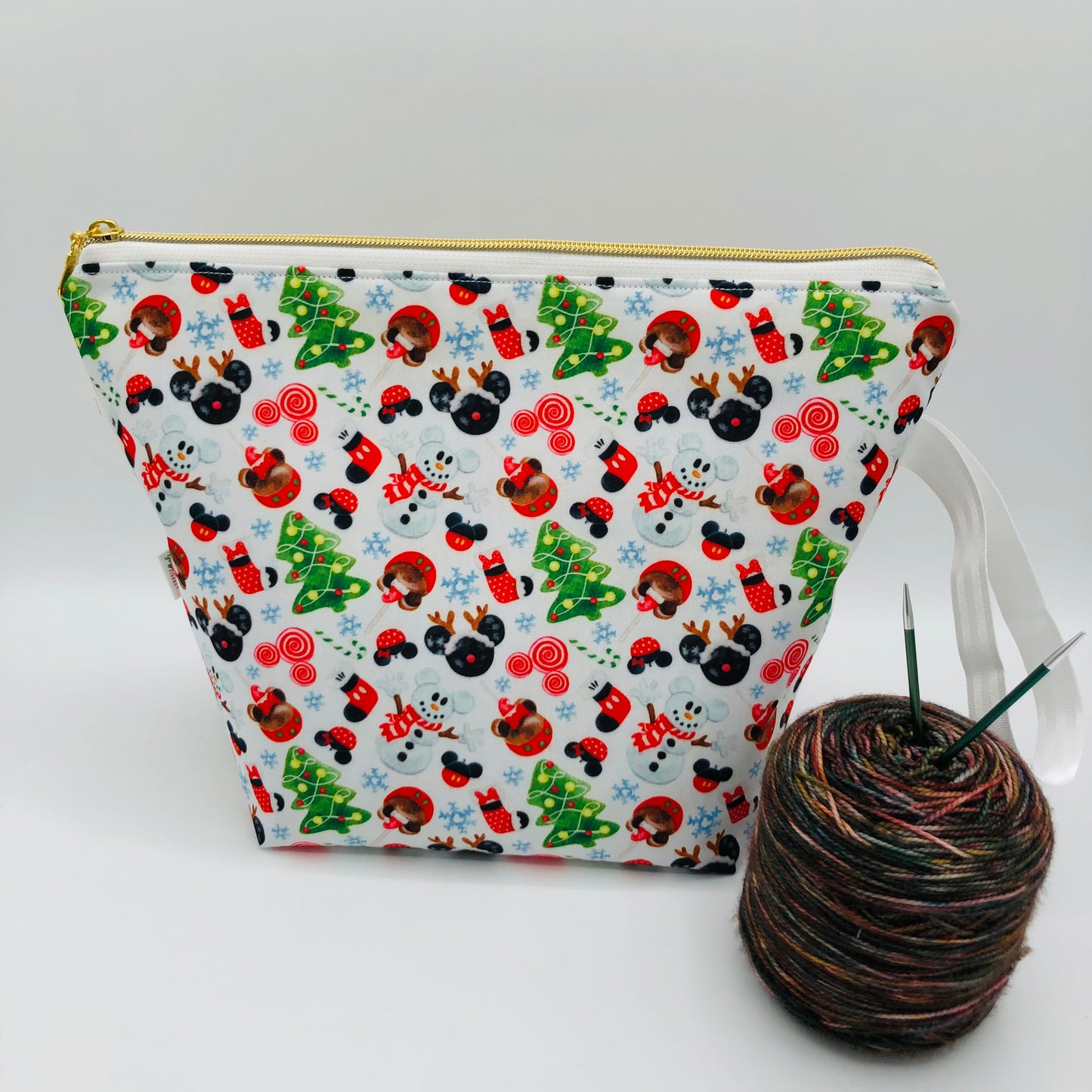 Christmas Tree Mouse Friends Holiday Knitting and Crochet Zipper Style Project Bag | XL Sock Size