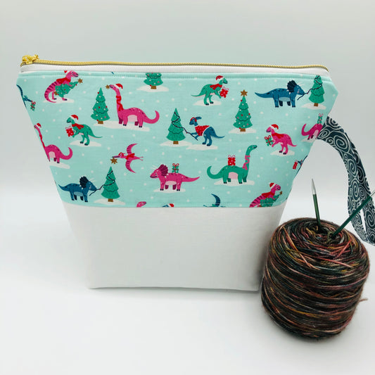 Christmas Dinos (white base) Holiday Knitting and Crochet Zipper Style Project Bag | XL Sock Size