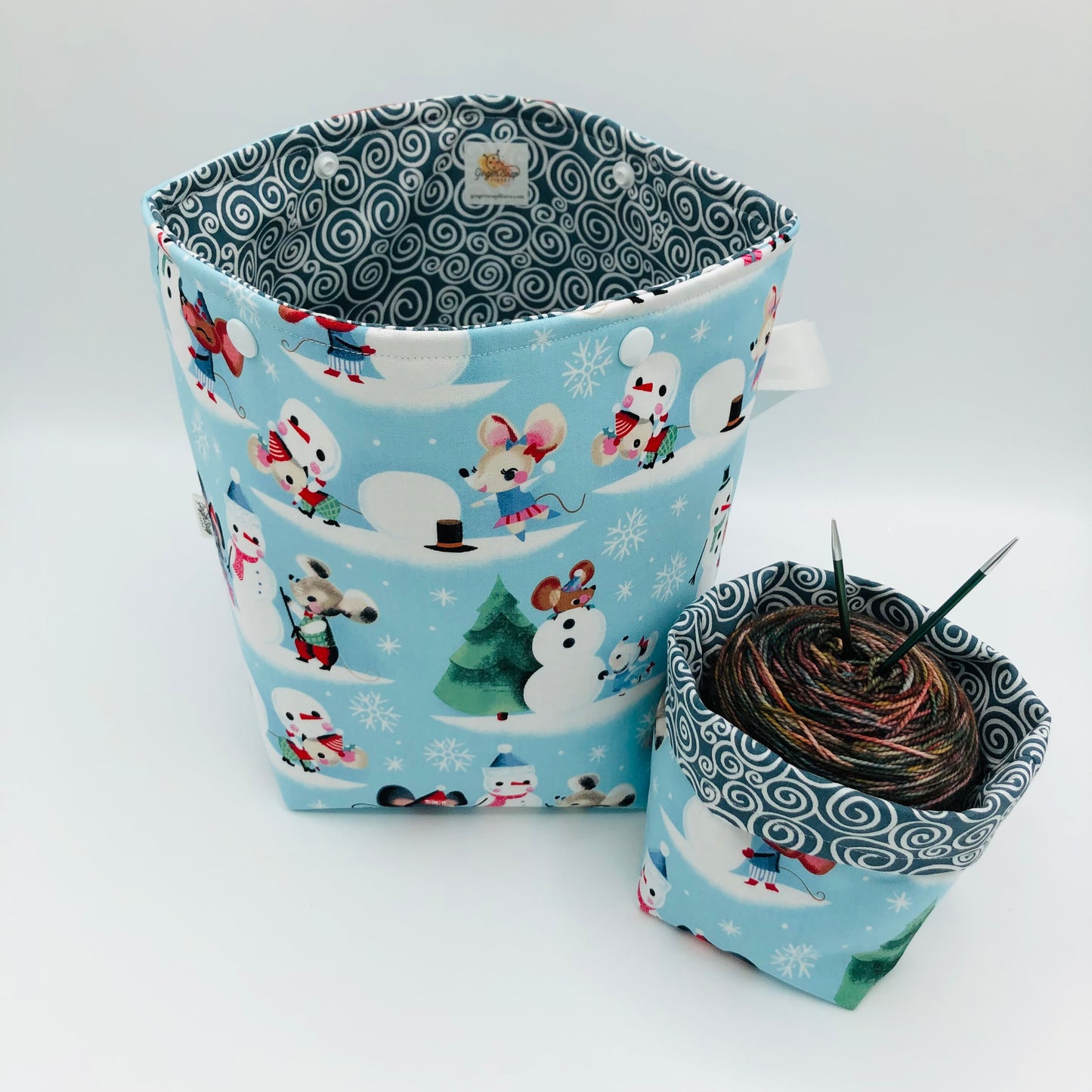 Christmas Mice Holiday Knitting Crochet Snap Style Project Bag + Yarn Cozy | Sock Size