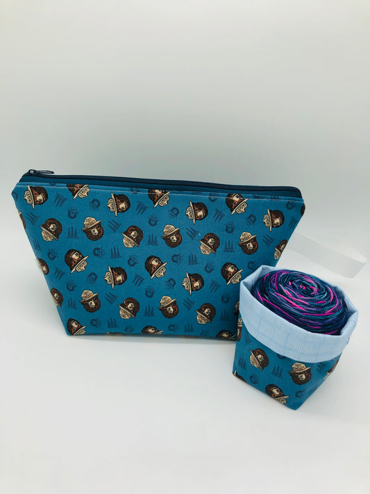 Blue Smokey Faces Knitting Crochet Zipper Style Project Bag + 100g Yarn Cozy| Shortie Sock Size