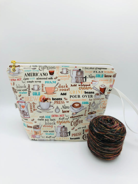 Coffee Break Knitting and Crochet Zipper Style Project Bag | XL Sock Size