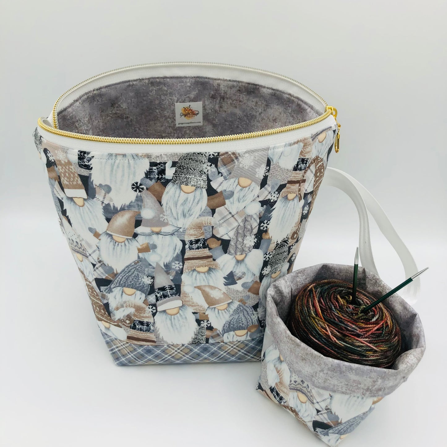 Knitty Gnomes Crowd Holiday Knitting Crochet Zipper Style Project Bag + Yarn Cozy |  Sock Size