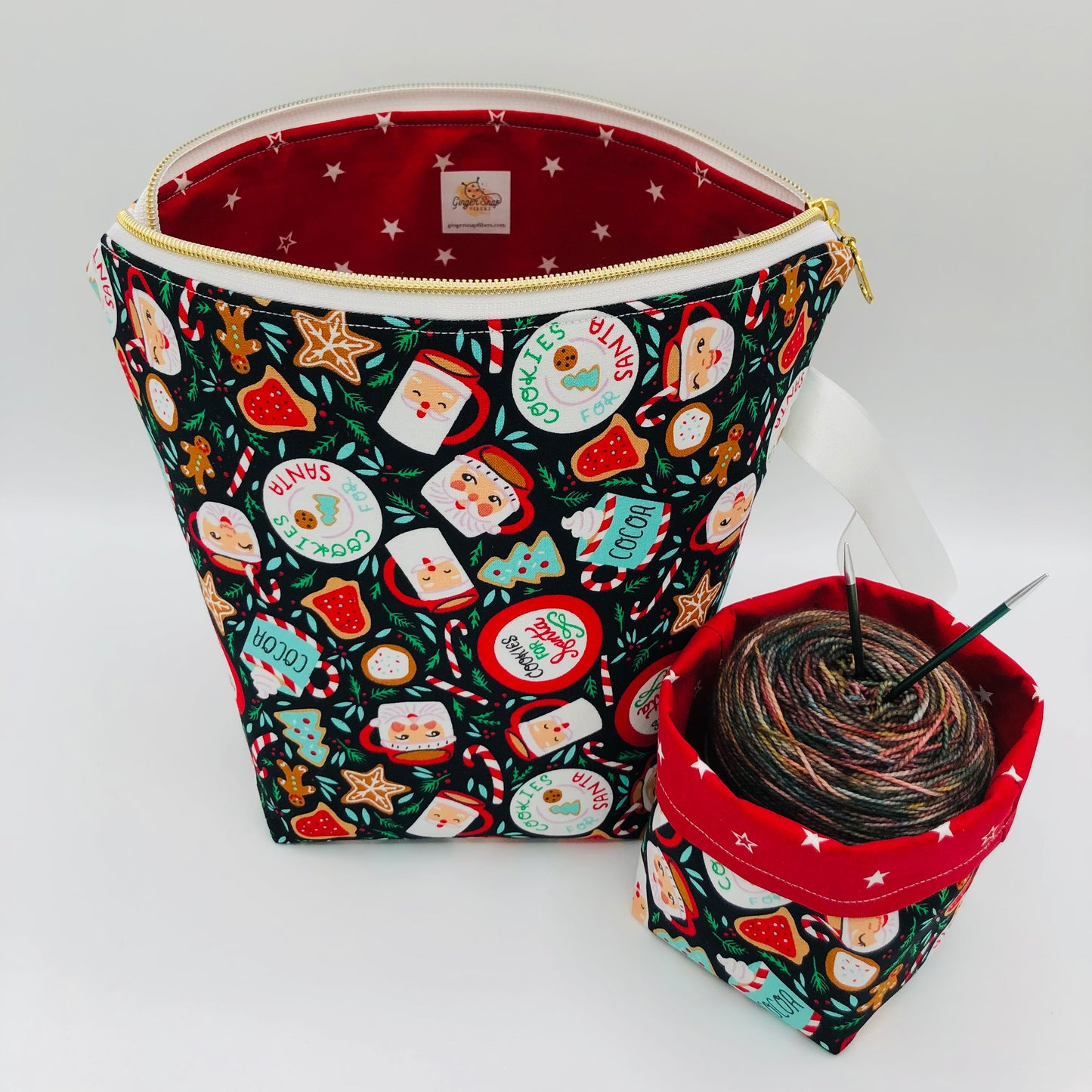 Cookies for Santa Holiday Knitting Crochet Zipper Style Project Bag + Yarn Cozy |  Sock Size