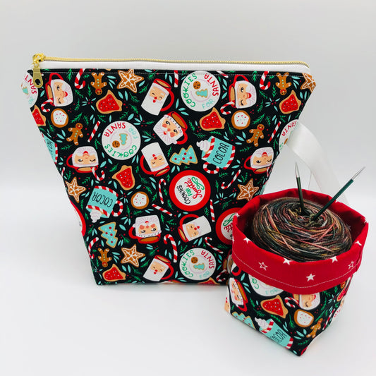 Cookies for Santa Holiday Knitting Crochet Zipper Style Project Bag + Yarn Cozy |  Sock Size