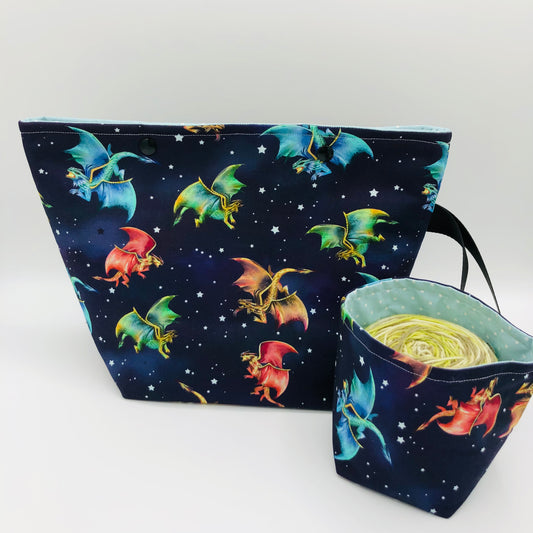 Space Dragons Knitting and Crochet Snap Style Project Bag + Yarn Cozy | XL Sock Size