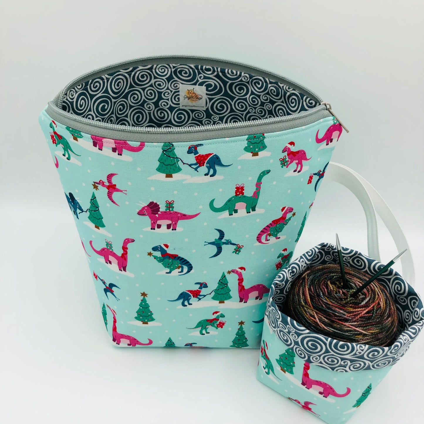 Christmas Dinos Holiday Knitting Crochet Zipper Style Project Bag + Yarn Cozy |  Sock Size