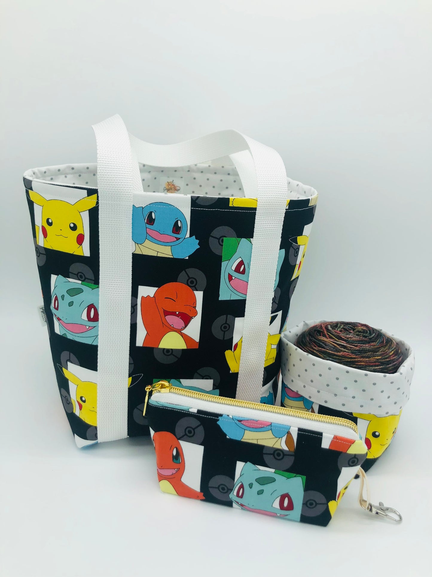 Black Poke-Friends Knitting Crochet Tote Style Project Bag + Yarn Cozy + Notions Pouch |  Sock Size