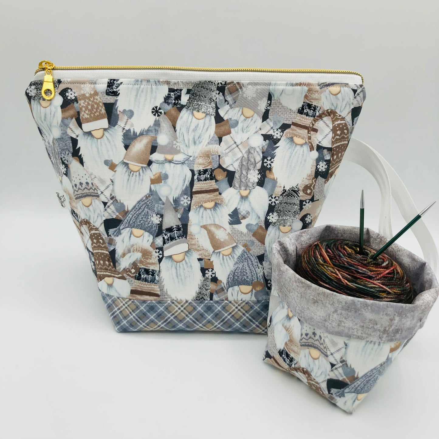 Knitty Gnomes Crowd Holiday Knitting Crochet Zipper Style Project Bag + Yarn Cozy |  Sock Size