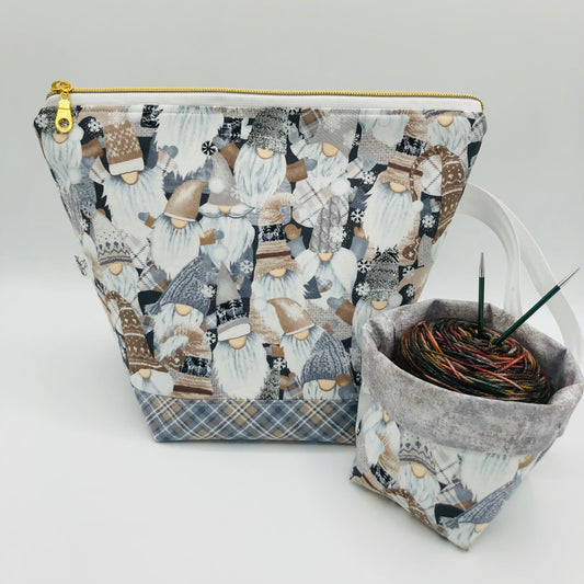 Knitty Gnomes Crowd Holiday Knitting Crochet Zipper Style Project Bag + Yarn Cozy |  Sock Size