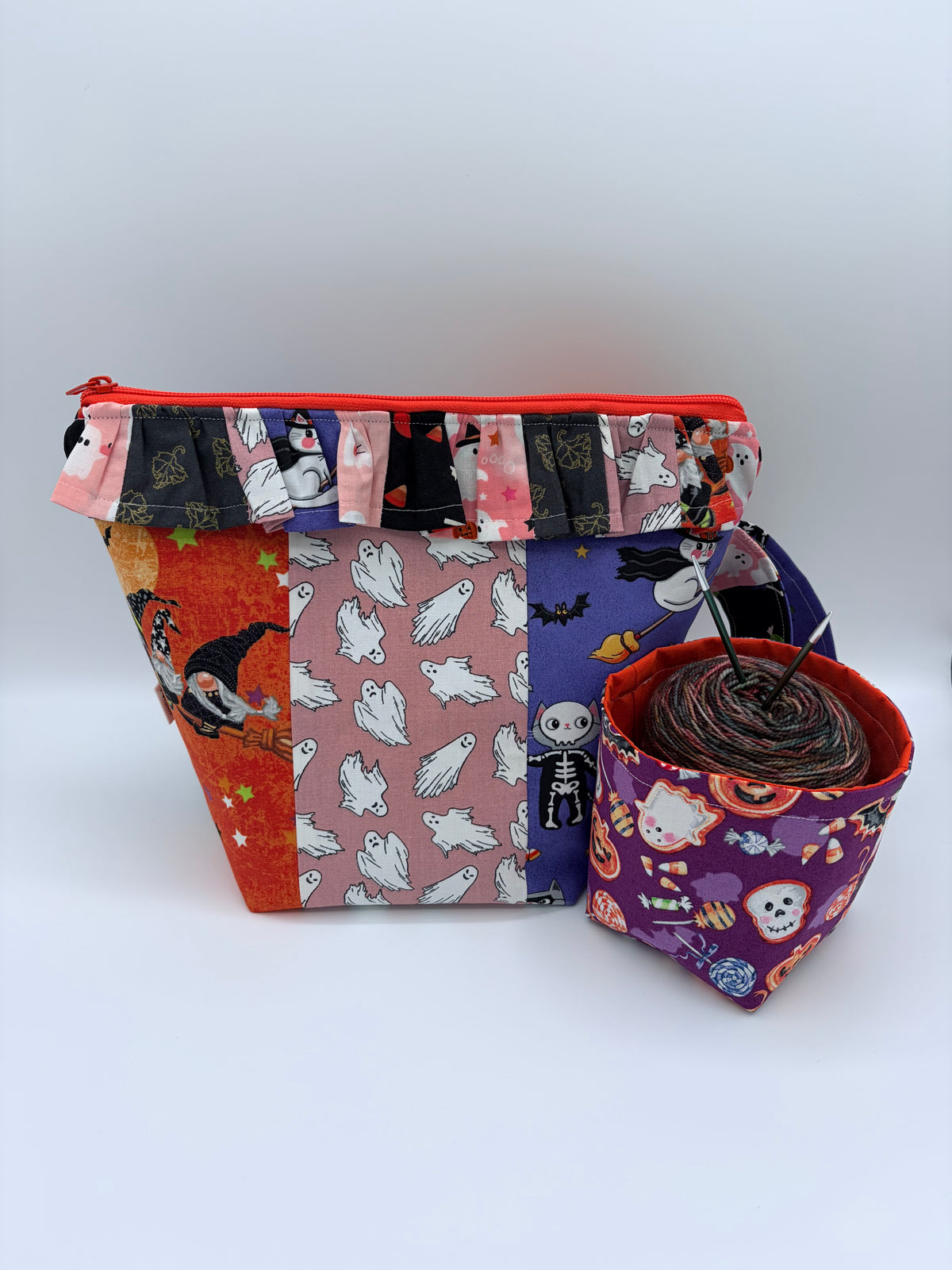 Patchwork Spookies (with ruffles) Spooky Knitting Crochet Zipper Style Project Bag + Yarn Cozy |  Sock Size