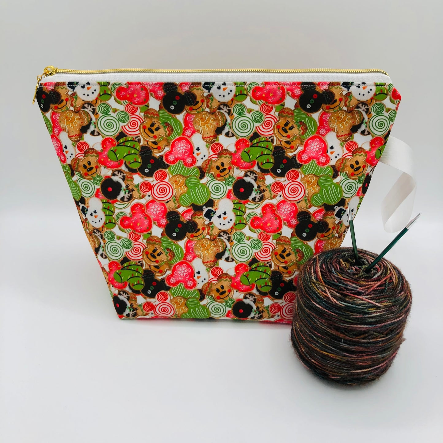 Cookie Mouse Friends Holiday Knitting and Crochet Zipper Style Project Bag | XL Sock Size
