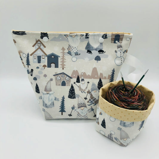 Skating Knitty Gnomes Holiday Knitting Crochet Snap Style Project Bag + Yarn Cozy | Sock Size
