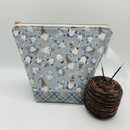 Knitty Gnomes (checkered base) Holiday Knitting Crochet Zipper Style Project Bag |  Sock Size